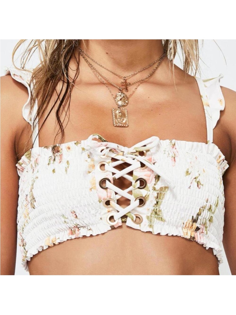 Power 2 the Flower Frosty Jane Bikini Top in pale pink floral Medium